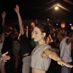 Music festival goers take part in the Lucyoga Dru Yoga class at the Beacons Music and Arts Festival, Skipton, North Yorkshire