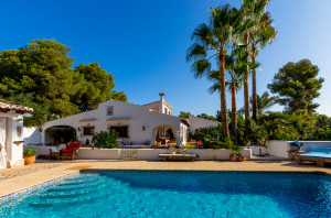 A view of the pool and the villa at the Lucyoga and Get Lost Retreats holiday in Moraira, Costa Blanca, Spain.
